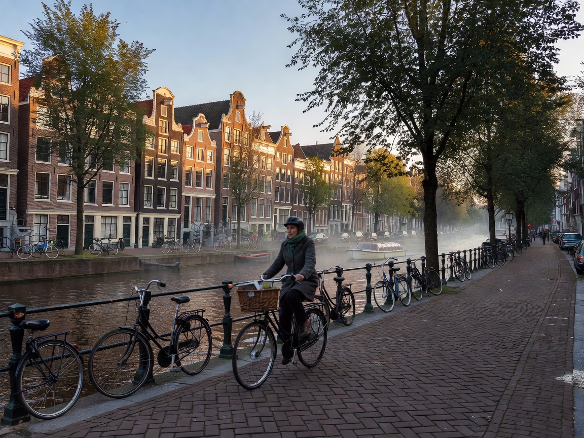 Bicycle route beside an Amsterdam canal