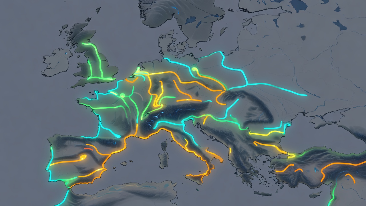 Abstract map showing active weekend routes across Europe